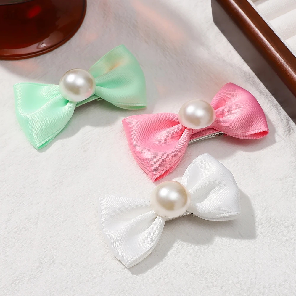 2.8" Solid Grosgrain Ribbon Bows Hairpins Girl's Ribbon Hair Bow Hair Clips Pearl Baby Girls Barrette Hair Accessories