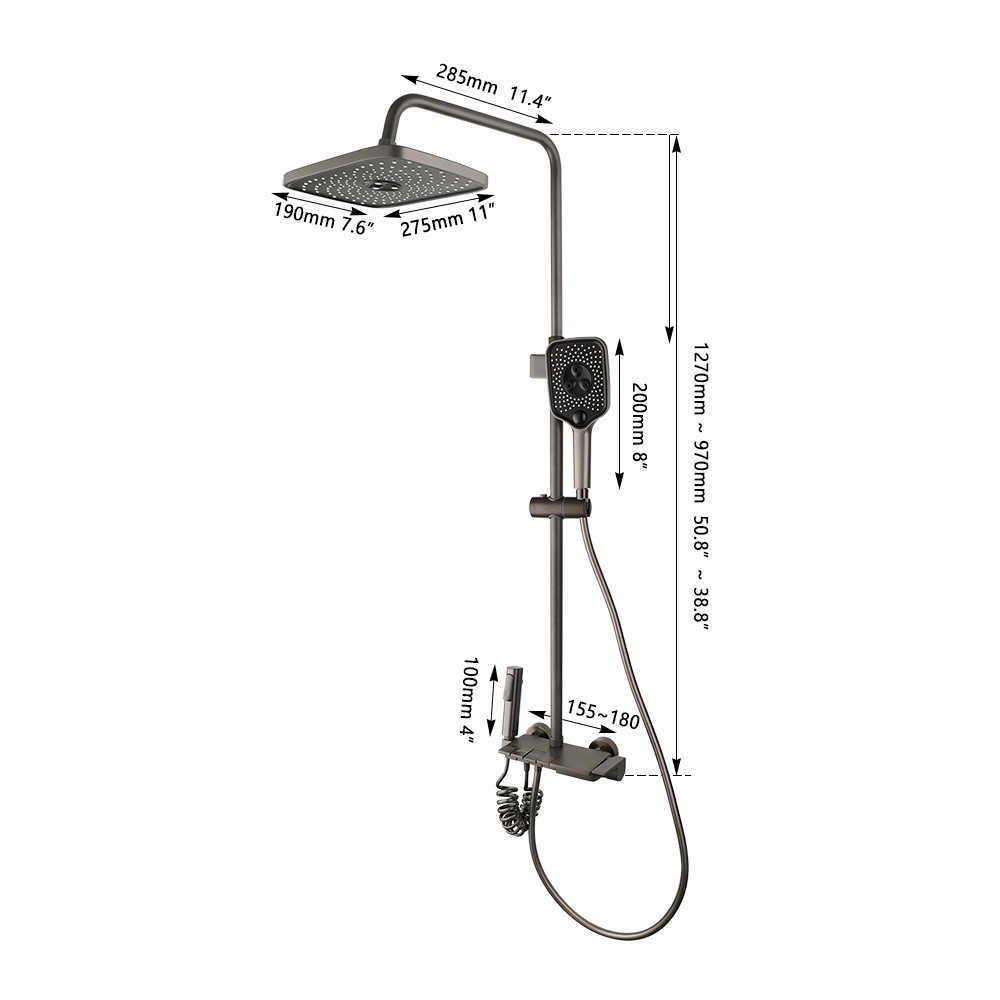 Badrumduschuppsättningar Monite Gun Grey Badrumsväggmonterad fyrkantig regn Topp Spraysuppsättning Fyra Style -knappkontroll med bidetblandare TAC FAUCET G230525