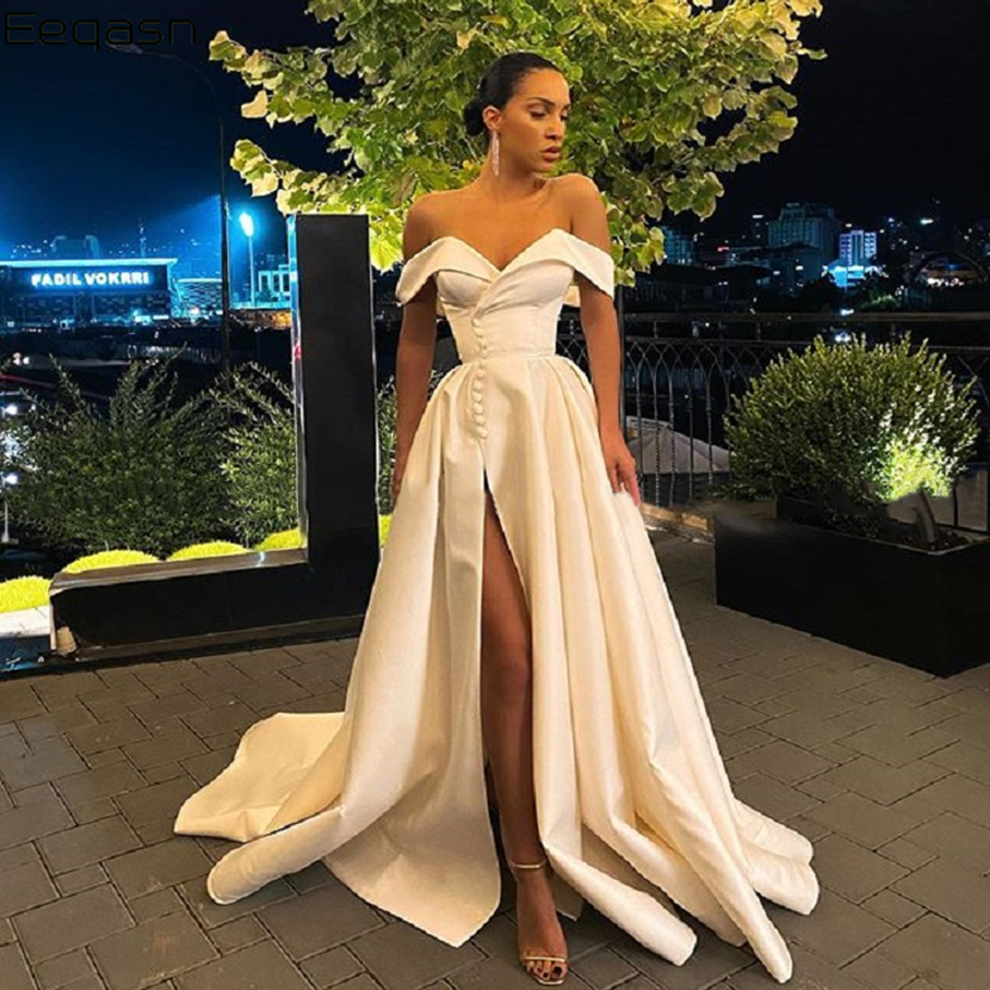 A-Line Prom Dress 2023 Spring Satin Off The Shoulder V Neck High Slit Long Evening Gown Formal Elegant Vestidos de Gala