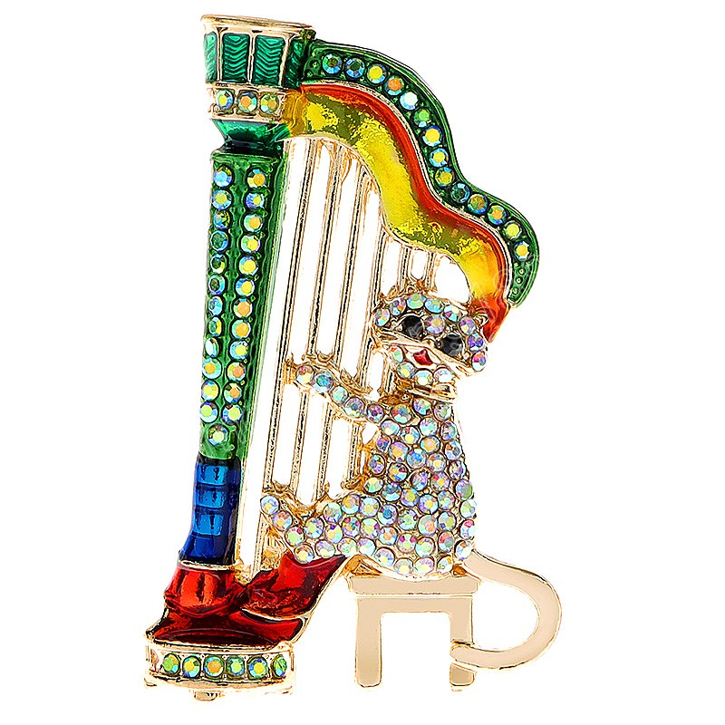 Creative Music Cat Brooch Playing Harp Musician Multicolor Rhinestone Cartoon Animal Brooch Pins Coat Jewelry Gift