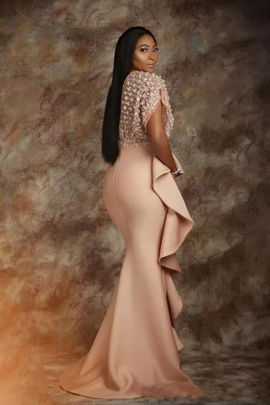 2023 New Pearl Pink Lace Evening Dresses African Saudi Arabia Formal Dress For Women Sheath Prom Gowns Celebrity Robe De Soiree