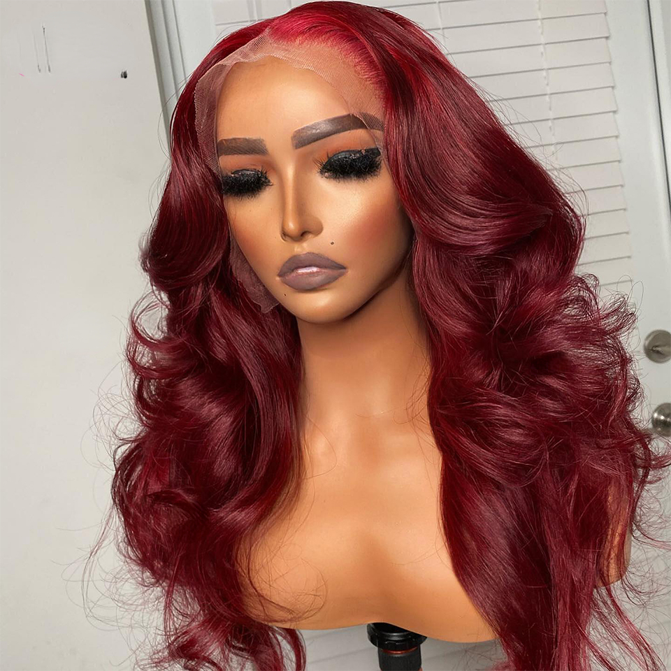 Brazilian Wine Burgundy Red Lace Front Wig 360 Lace Frontal Human Hair Wig Transparent HD Lace Body Wave Synthetic Wig for Women Preplucked