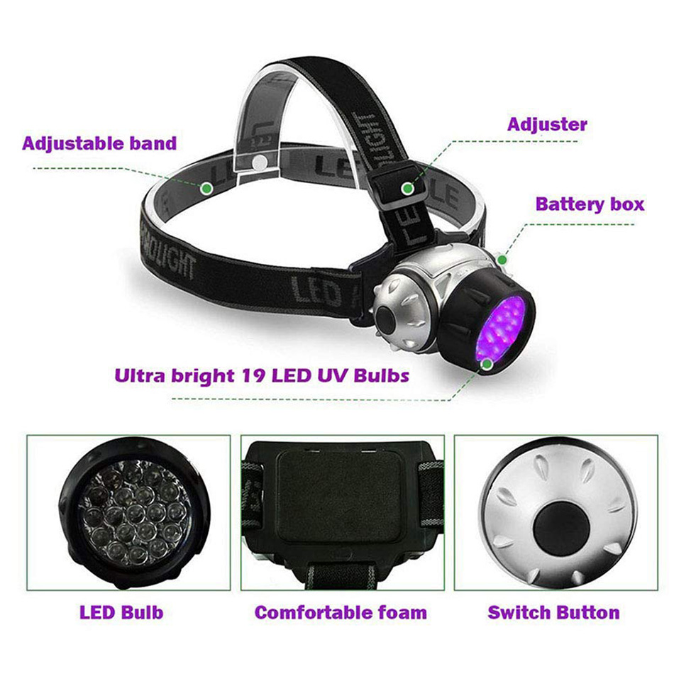 19 LED UV Ultraviolet Headlight Purple Headlamp Waterproof Outdoor Flashlight 395nm Violet Head Lamp Torches Lantern For Hunting Fishing