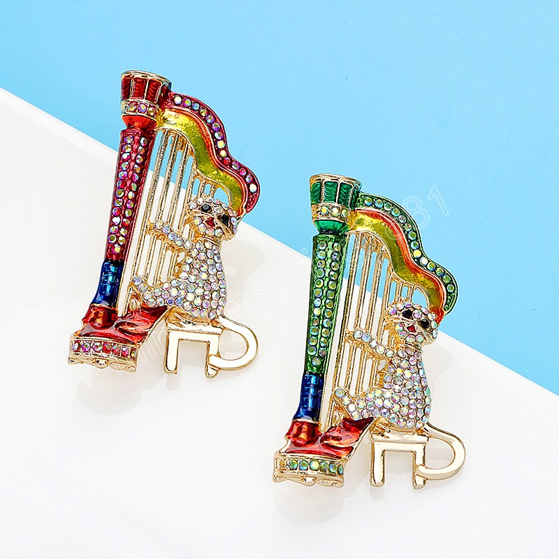 Creative Music Cat Brooch Playing Harp Musician Multicolor Rhinestone Cartoon Animal Brooch Pins Coat Jewelry Gift