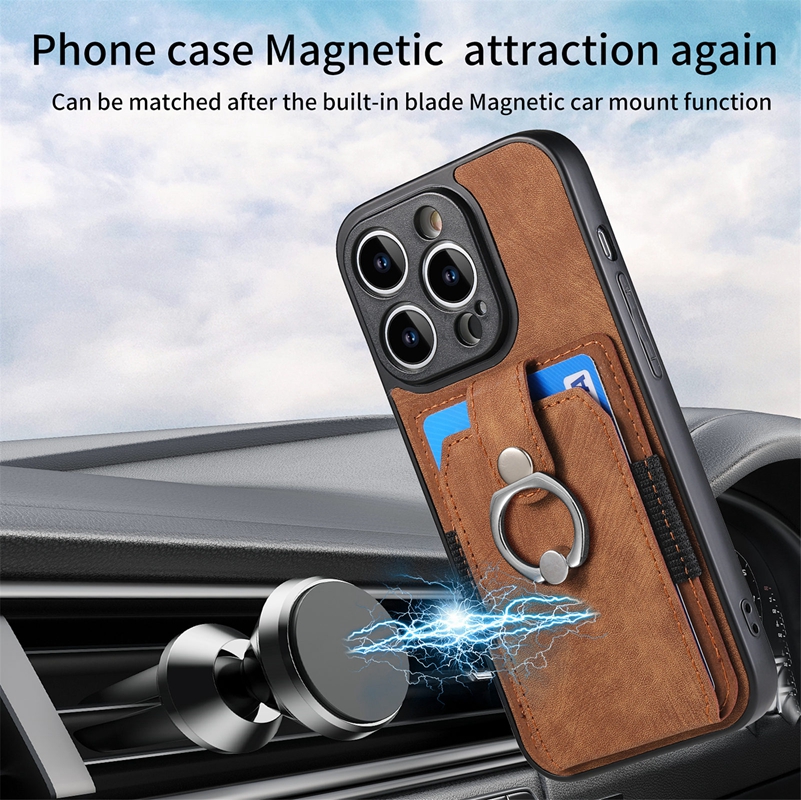 Capas para iPhone 15 14 Pro Max Plus 13 12 11 X XR XS 8 7 Slot para cartão Suporte para carro PU Couro Retro Anel de dedo magnético Suporte para carro Suporte de plástico rígido Soft TPU Capa de telefone