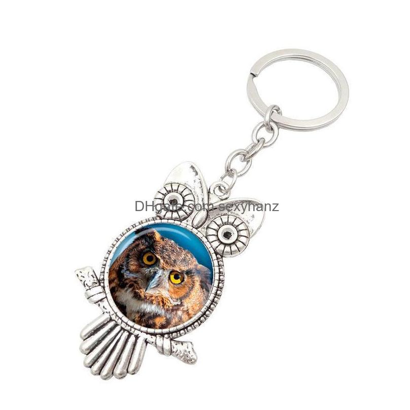 antique bird owl shape owl glass cabochon keychain key rings holder bag hangs fashion jewelry will and sandy