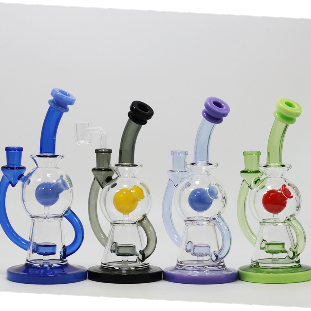 Heady Cam Bong Recycler Bong Eşsiz yeşil mor sepet nargile su boruları duş başlık percolator yağ dab teçhizatları 14mm eklem kase