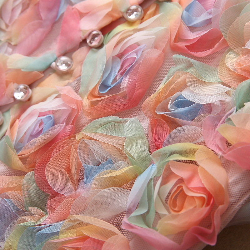 2023 Zomer roze bloemen 3D-bloemen Panel Tule jurk korte mouw v-hals knoppen Korte casual jurken S3W220518