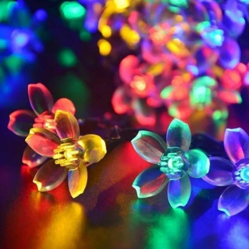 Solar Cherry Blossom Flower Garland LED String Fairy Lights Crystal Flowers for Outdoor Wedding Xmas Decors