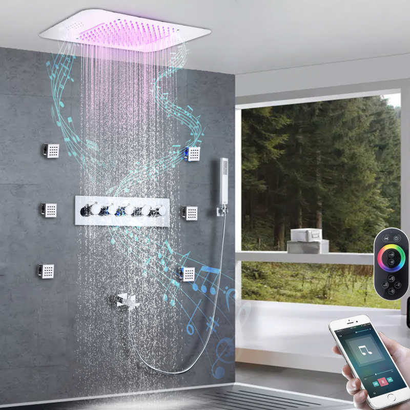 Badezimmer-Duschsets, LED-Musik, verdecktes Duschset, Wasserfall-Regenduschkopf, Messing-Badezimmerarmaturen, intelligentes, intelligentes Decken-Badewannen-Duschset G230525