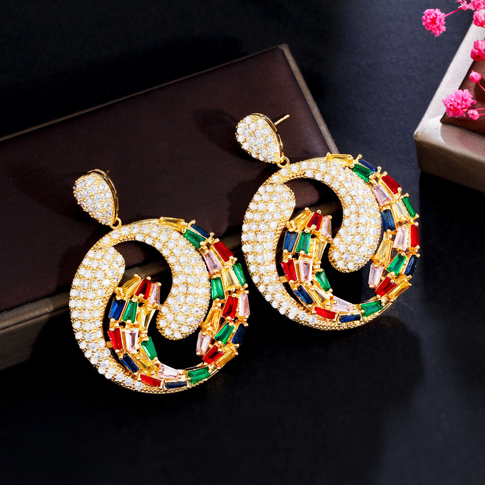 Boucles d'oreilles luxueuses colorées en diamant de zircone AAA pour femme, rondes en or 18 carats, boucles d'oreilles de mariée sud-américaines, bijoux de mariage, de fiançailles, d'anniversaire, cadeau