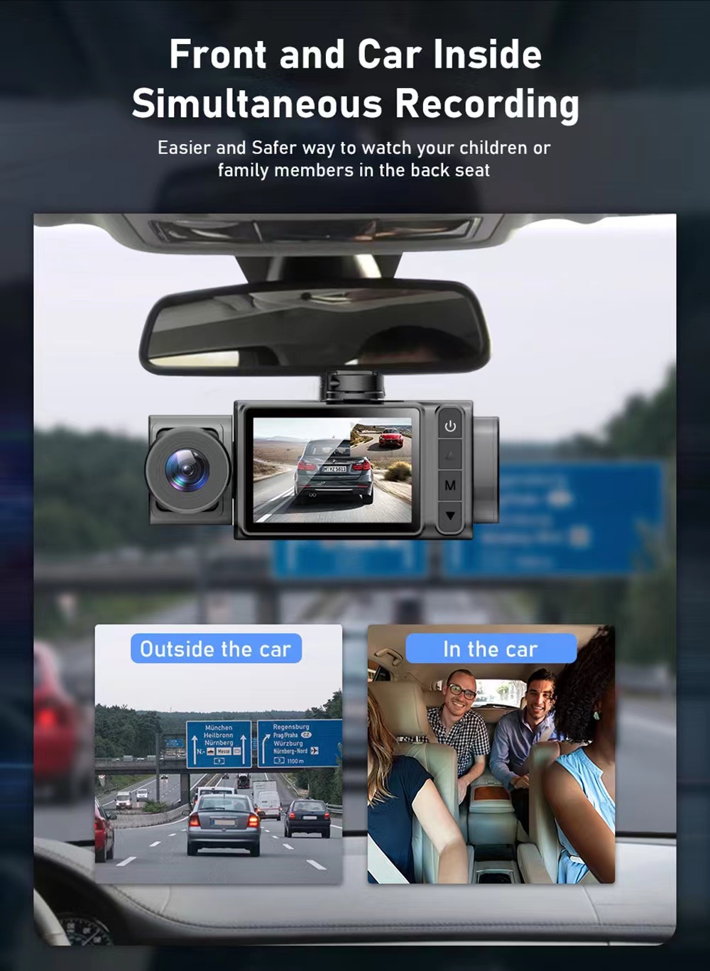 2 pouces HD 1080P 3 objectifs S11 Enregistreur vidéo DVR de voiture Dash Cam Caméra arrière 130 degrés grand angle ultra résolution avant avec intérieur avec détection de mouvement de la caméra arrière