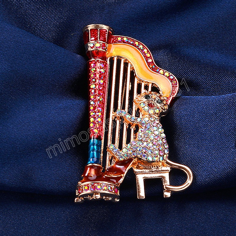 Creative Music Cat Brooch Playing Harp Musician Multicolor Rhinestone Cartoon Animal Brooch Pins Coat Jewelry Gift