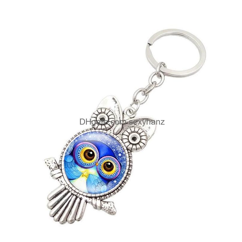 antique bird owl shape owl glass cabochon keychain key rings holder bag hangs fashion jewelry will and sandy