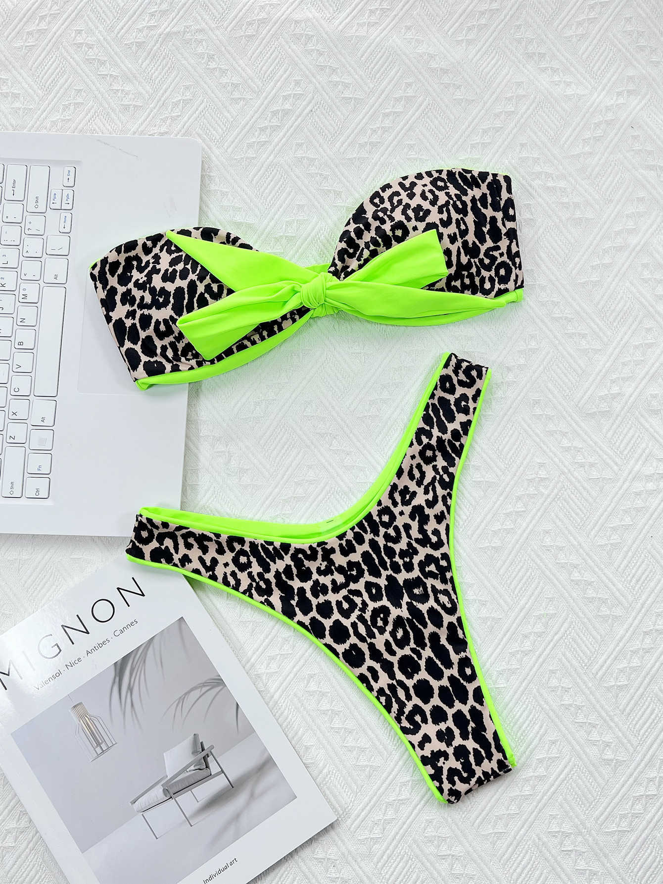Opard Print 2023 da donna New Sexy Bikini con cinturino in contrasto verde neon a contrasto XMC560W P230525