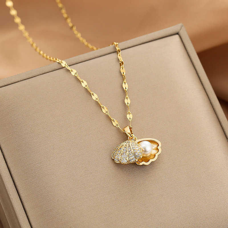 Halsband Bohemian Shell Pearl Zircon Pendant Engagement Halsband Kvinnors kopparsmycken Tillbehör Födelsedagsfest Jubileumsgåva G220524