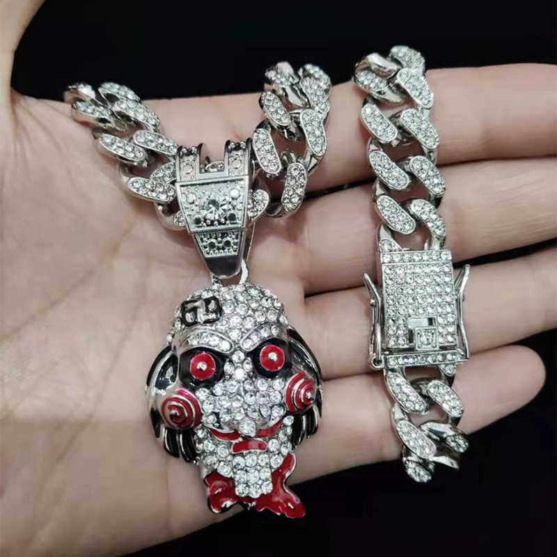 Men Women Hip Hop Iced Out Bling Mask Pendant Necklace with 13mm Miami Cuban Chain Necklaces Hiphop Fashion Charm Jewelry