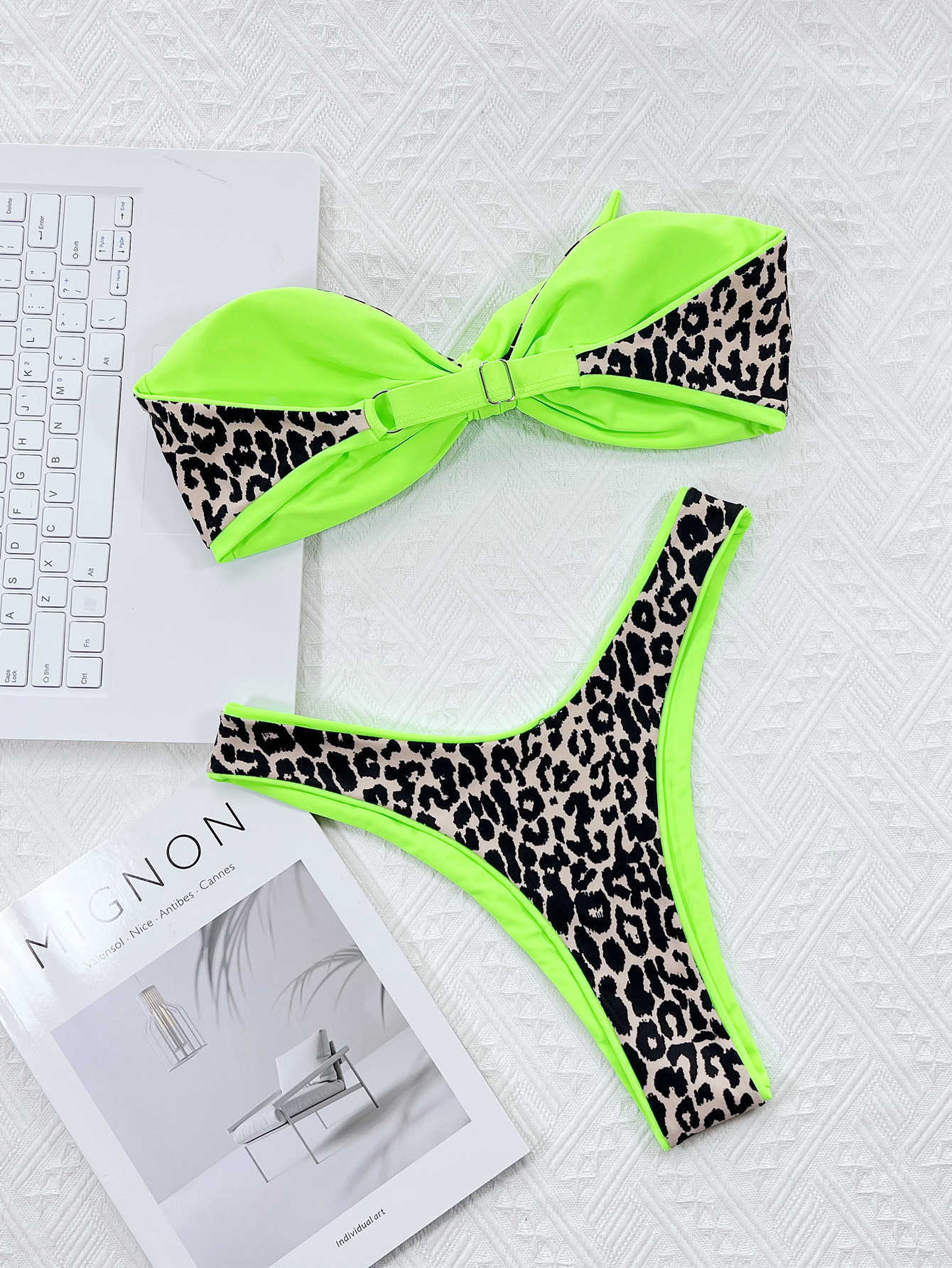 Opard Print 2023 da donna New Sexy Bikini con cinturino in contrasto verde neon a contrasto XMC560W P230525