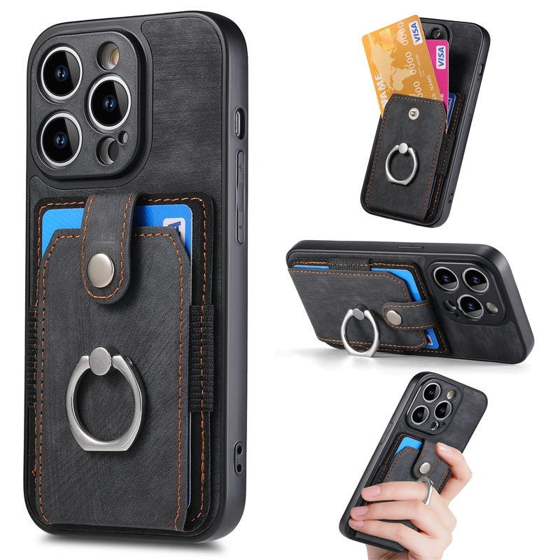Cases For Iphone 15 14 Pro Max Plus 13 12 11 X XR XS 8 7 Card Slot Pocket Car Holder PU Leather Retro Magnetic Finger Ring Car Bracket Stand Hard Plastic Soft TPU Phone Cover