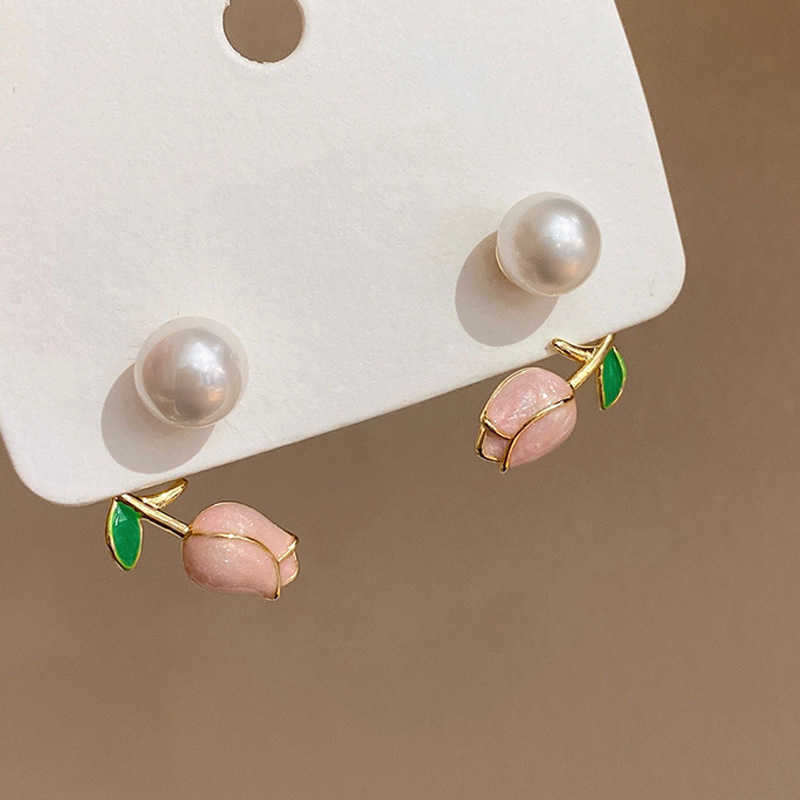 Stud French Light Luxury Pink Tulip Pearl Suitable for Women Korean Zircon Exquisite Earrings Party Christmas Jewelry Gifts G230602