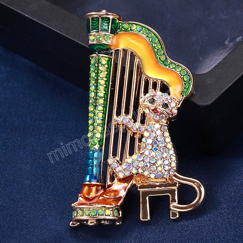 Musique créative chat broche jouant de la harpe musicien multicolore strass dessin animé Animal broche broches manteau bijoux cadeau