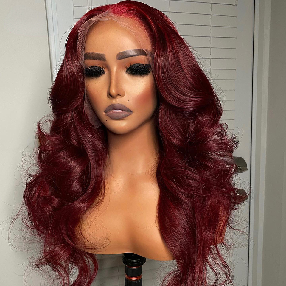 360 Lace Frontal Human Hair Wig Transparent HD Lace Body Wave Synthetic Wig for Women Preplucked Brazilian Wine Burgundy Red Lace Front Wig