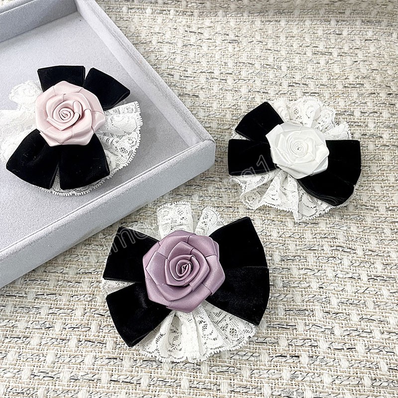 Stoff Rose Blumen Broschen Für Frauen Elegante Spitze Band Samt Schleife Corsage Retro Hochzeit Party Mantel Kleid Brosche Dekor