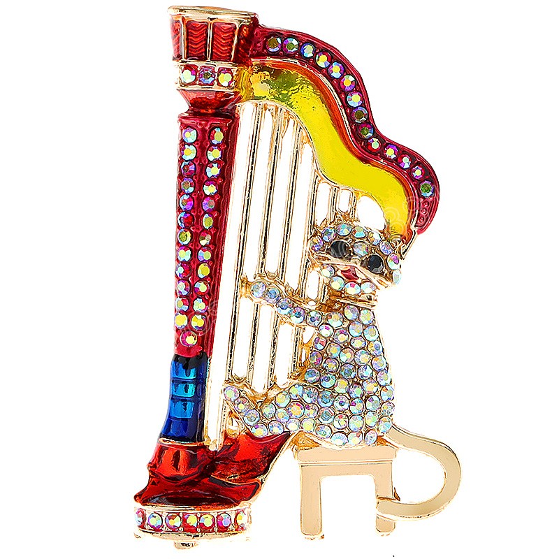 Creative Music Cat Brooch Playing Harp Musician Multicolor Rhinestone Cartoon Animal Brooch Pins Coat Jewelry Gift