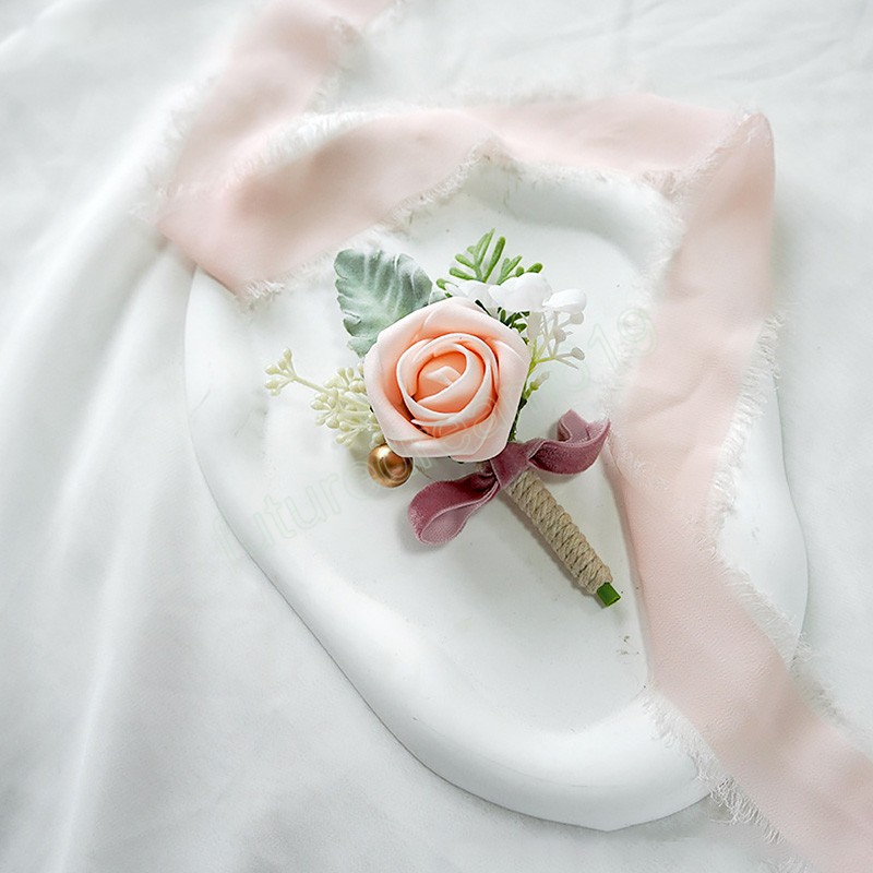 Boutonniere de seda, ramillete de muñeca nupcial, dama de honor, padrinos de boda, broches de rosas artificiales, flores para decoración de fiesta de baile de boda