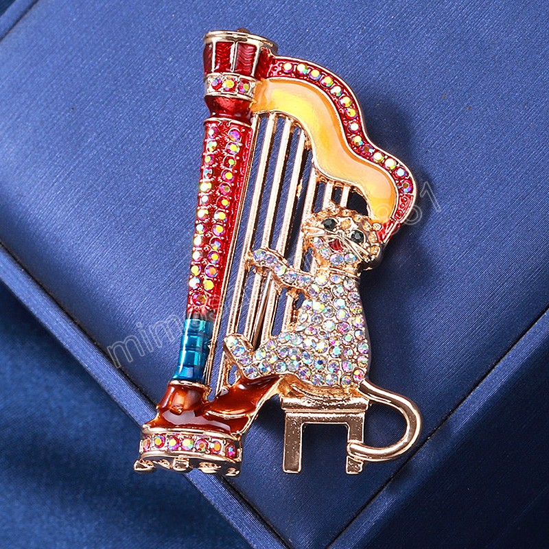 Creative Music Cat Brooch Playing Harp Musician Multicolor Rhinestone Cartoon Animal Brooch Pins Coat Jewelry Gift