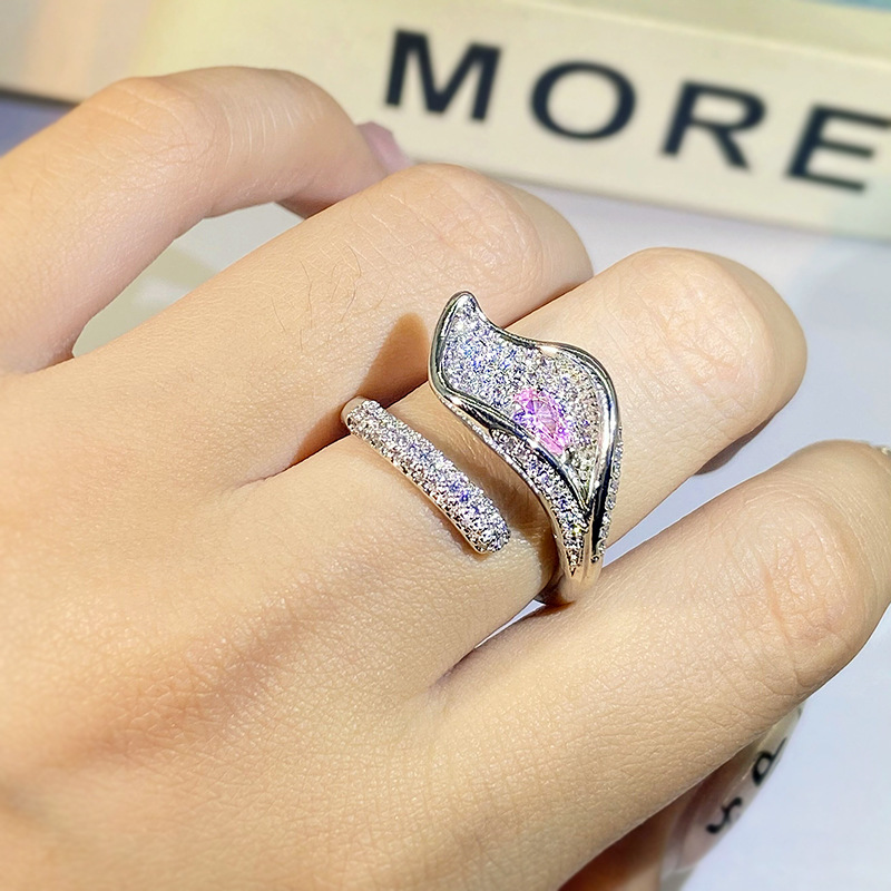 Wedding Ring European and American Style Girls Pink Zircon Full Diamond Leafformed Platinum White Gold Plated Ring Women Party Jewets Birthday Present justerbar