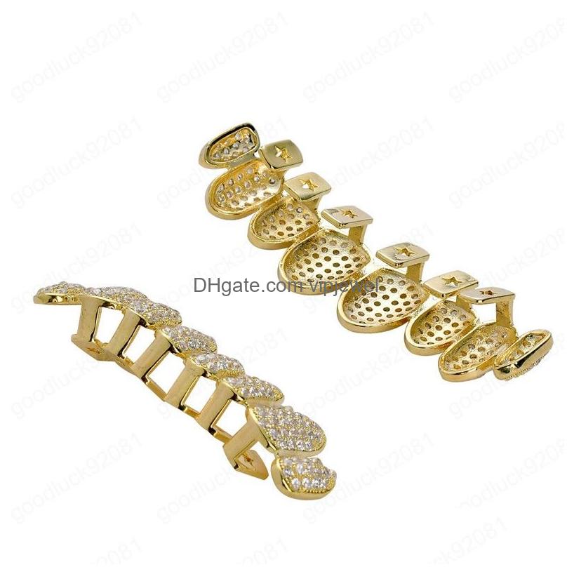 Стоматологические грили в стиле хип-хоп Iced Out Teeth Grillz Pave Cz Stone Top Bottom Mouth Punk Caps Косплей Вечеринка Рэпер Ювелирные изделия Drop Delive Dh3mc