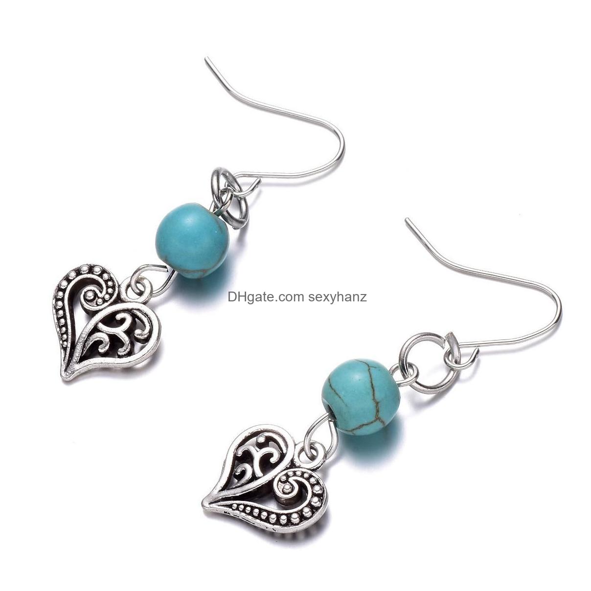 designerDangle Kroonluchter Mode Vintage Legering Hartvormige Oorbellen Imitatie Turquoise Charm Hanger Oorhaak Diy Creatieve Vrouwen Dames Dhcu9