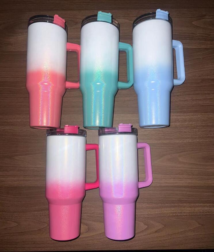 40oz Sublimatie Glitter Tumbler met handgreep Lid Stroopgradiënt Kleuren Glansen Waterfles Outdoor Camping Cup Roestvrijstalen vacuüm geïsoleerde reismokken