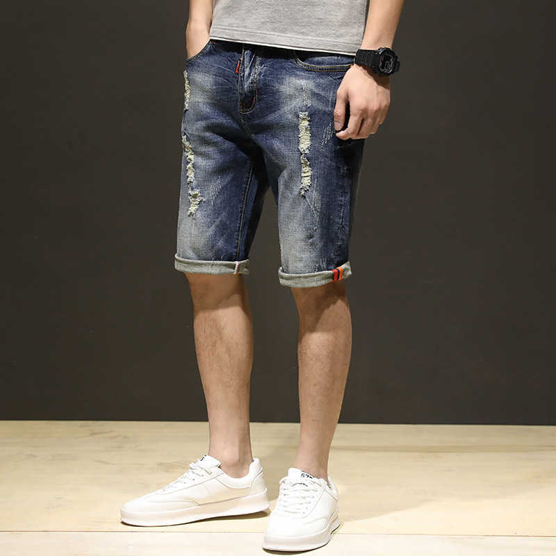 2022 Fashion Hot Cracked Short Jeans Hole Bermuda Summer Casual Cotton Hat Denim Shorts Men's P230524