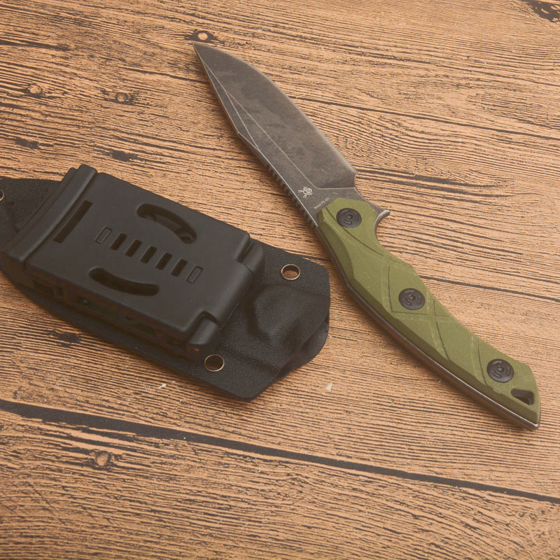 GA2563 Überleben Gerade Messer 8CR13Mov Steinwaschspitze Blade Voller Tang Green G10 Griff Outdoor Camping Wanderjagd feste Klingenmesser mit Kydex