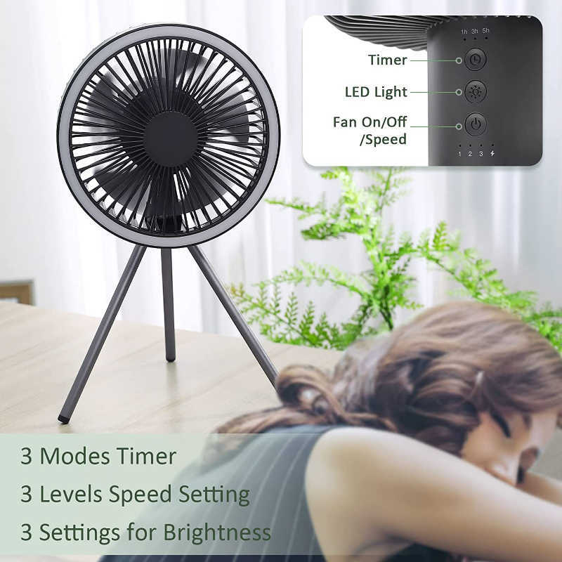 Nieuwe 2022 Multifunctionele elektrische ventilator USB -oplaadbare draagbare ventilator Fan Outdoor Camping -fans met LED -lichte statief desktopventilador