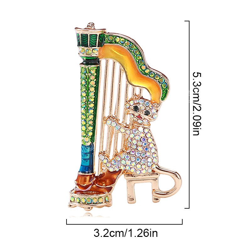 Creative Music Cat Brooch Playing Harp Musician Multicolor Rhinestone Cartoon Animal Brooch Pins Coat Jewelry Gift