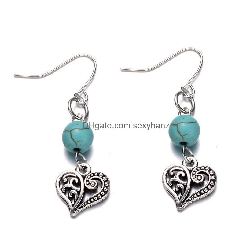 designerDangle Kroonluchter Mode Vintage Legering Hartvormige Oorbellen Imitatie Turquoise Charm Hanger Oorhaak Diy Creatieve Vrouwen Dames Dhcu9