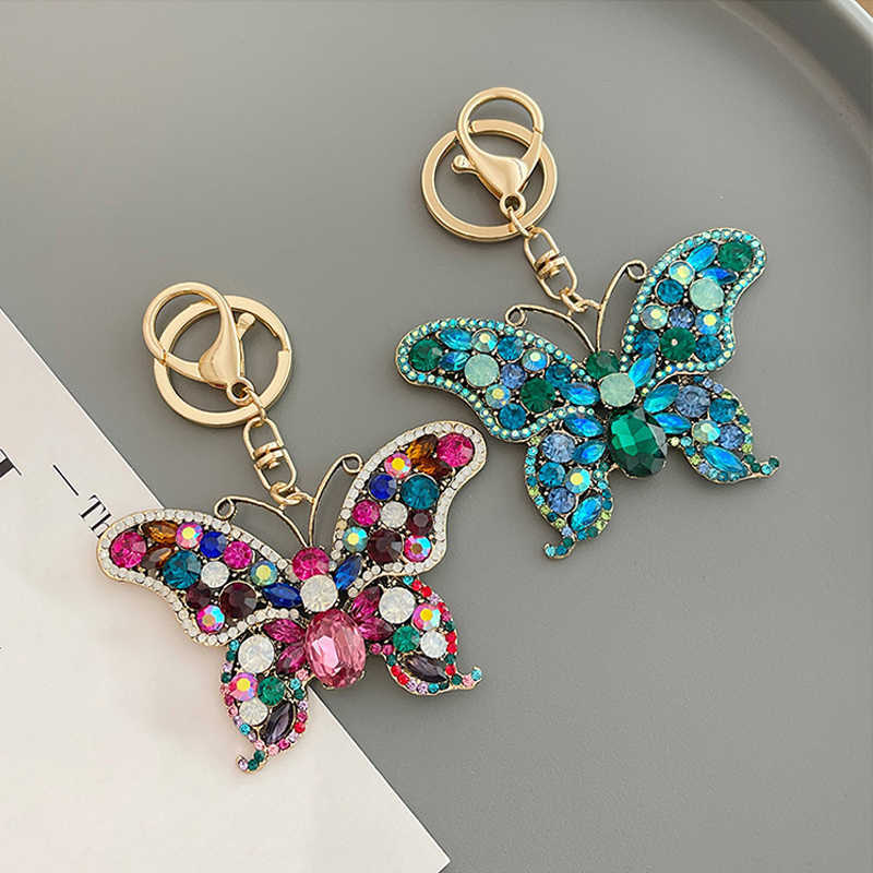 Keychains Sweet Water Diamond Butterfly Keychain Cute Fashion Sparkling Crystal Insect Charm Pendant Handbag Accessories Keyring Jewelry G230526