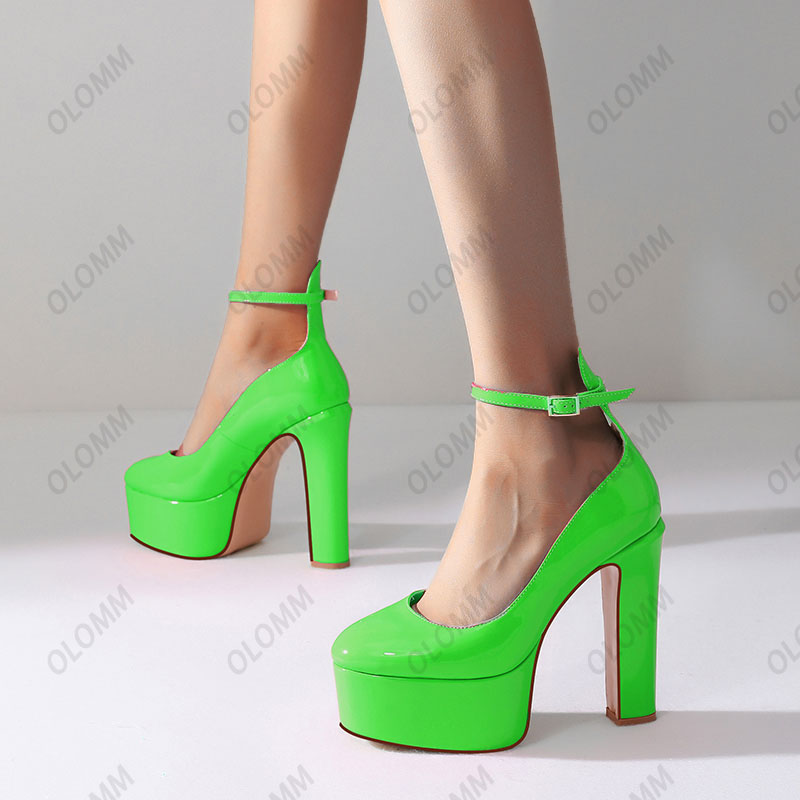 Olomm New Arrival Women Platform Pumps Patent Chunky Heels Round Toe Gorgeous Nude Green Pink Party Shoes Women US Size 5-10.5