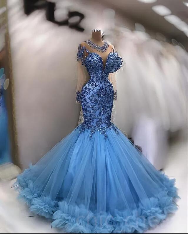 Sky Blue Mermaid Long Sleeve Evening Occasion Dresses 2023 Gillter Beaded Applique Aso Ebi Princess Prom Engagement Gown