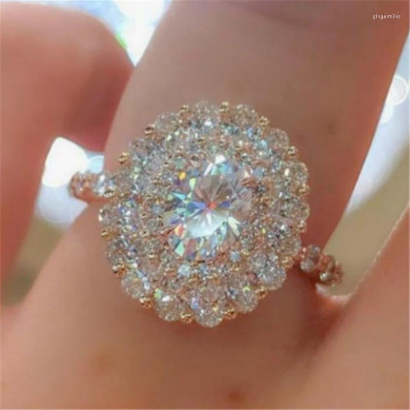 Cluster Rings Real 18K Rose Gold Ring Origin Natural 3 S Quartz Gemstone Wedding Jewelry Luxury Invisible Seting Oval Box