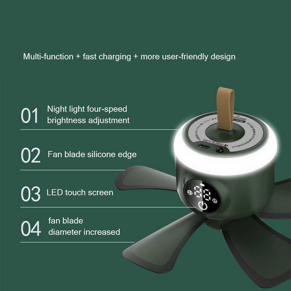 New 8000mAh Ceiling Fan Timing Camping Fan USB Rechargeable Remote Control 4 Gears Cooler With LED Lamp For Home Outdoor