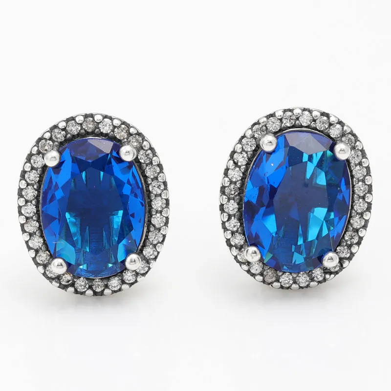 Shiny Pretty Women Blue Statement Halo Stud Earrings Authentic 925 Sterling Silver Fashion Doreilles Wedding Jewelry Earring set