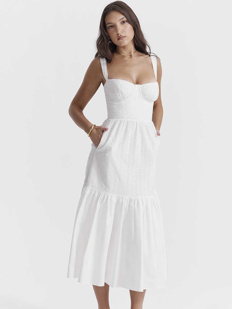 白いブロデリーアングレーーズサンドレス女性エレガントなホリデービーチウェアサマーミディド​​レス
