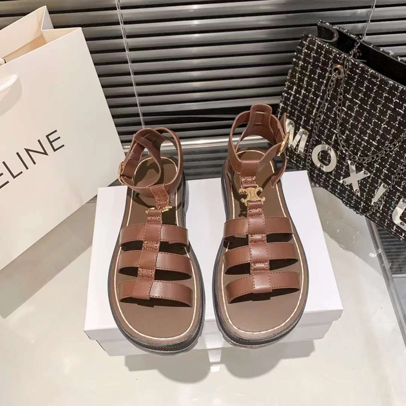 Mode sommarkvinnor sandaler pumpar blondie clare sling pläterade guldknappplattformar Italien populära brun svart läder kik tår designer hög häl sandal låda eu 35-40