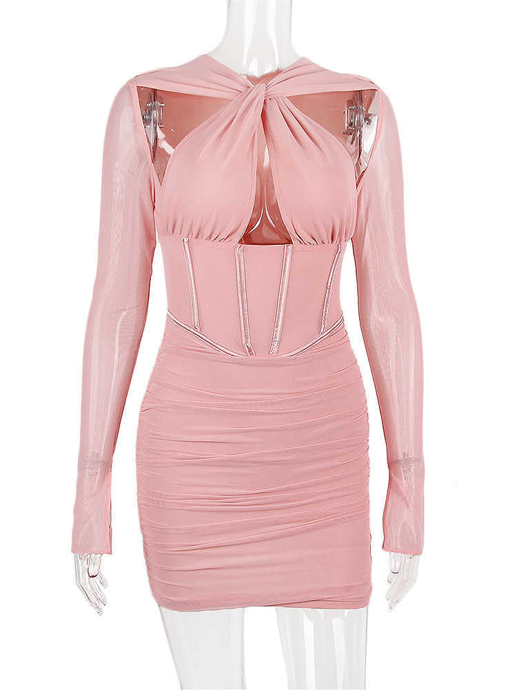 Pink Mesh Ruched BodyCon Corset Dresses For Women Summer Long Sleeve Club Party Clothing Lovely Dates Outfits Vestidos