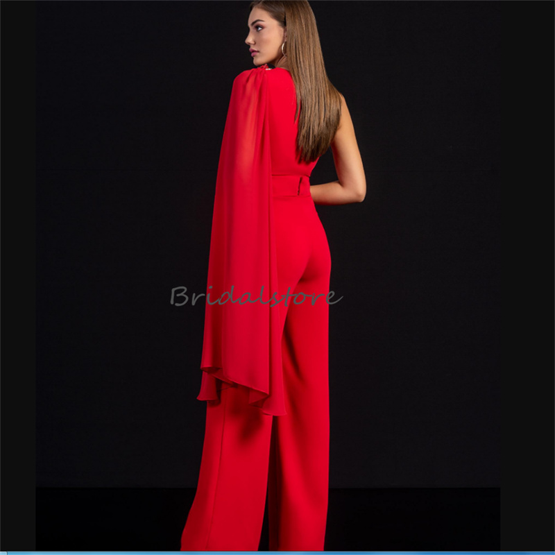 Chic röd jumpsuit prom klänning med pärlor 2023 en axel boho byxa formell kväll kostym elegant satin koreanska fest klänningar ny mantel de soiree vestido de noche damer