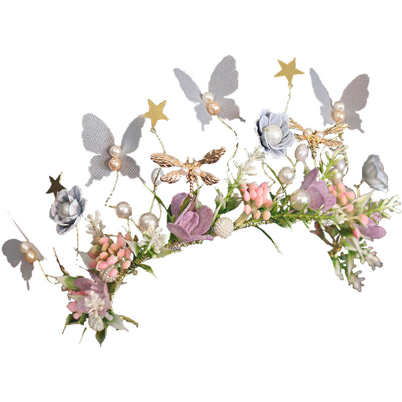 Flower wreath, crown, princess, super fairy dance performance, butterfly hair band, handcrafted, forest style children's walk, pearl hair band FG-0083-A